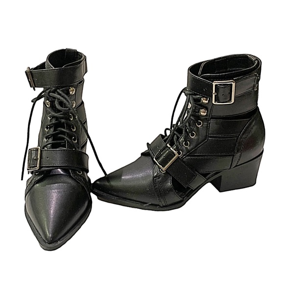 Olivia Ferragamo Booties Black Pointed Toe Lace Up Buckled Straps Size 5.5 - Picture 4 of 8